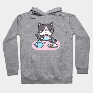 Cute Tuxedo Cat Enjoying Afternoon Tea Pastries And Snacks Hoodie